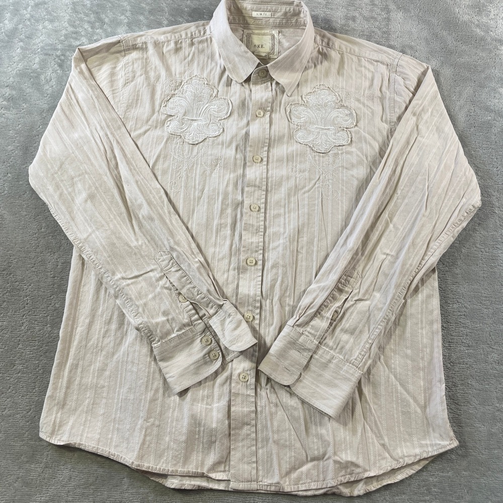 BKE Shirt Mens XL Beige Slim‎ Fit Striped Fleur de Lis Embroidered Button Casual